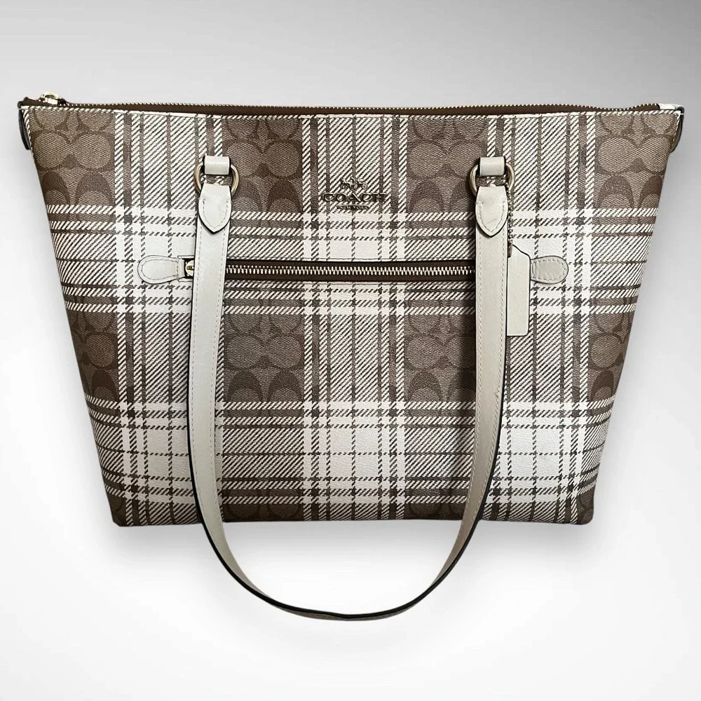 Coach Tan and Cream Checkered Tote Bag - Picture 2 of 13